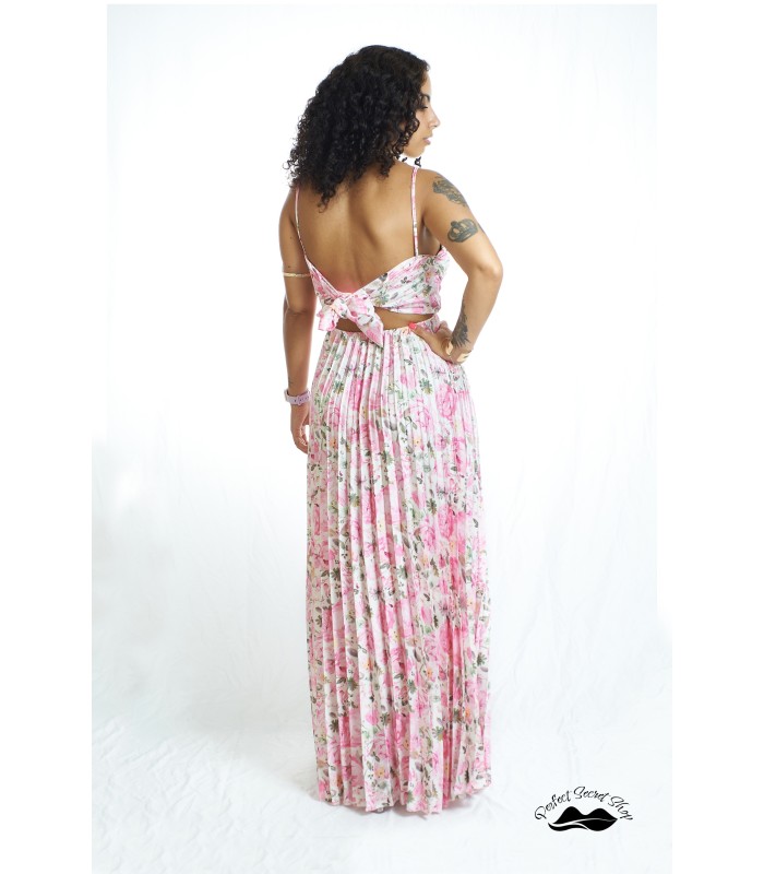 Abito Lungo Fiore – Eleganza Floreale Rosa con Fiocco sulla Schiena